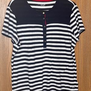 CHAPS SPORT WOMENS NAUTICAL NAVY BLUE & WHITE STRIPED TOP BUTTON FRONT